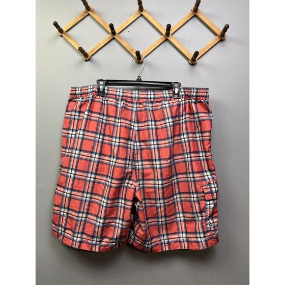 CHAPS Swim Trunks Mens XXL Coral Pink Plaid Board Shorts Mesh Liner‎ - Picture 2 of 8